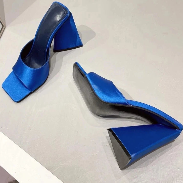 Silk Triangle Square Heels Heel Woman Slippers Sexy Street Party Square Toe Heels