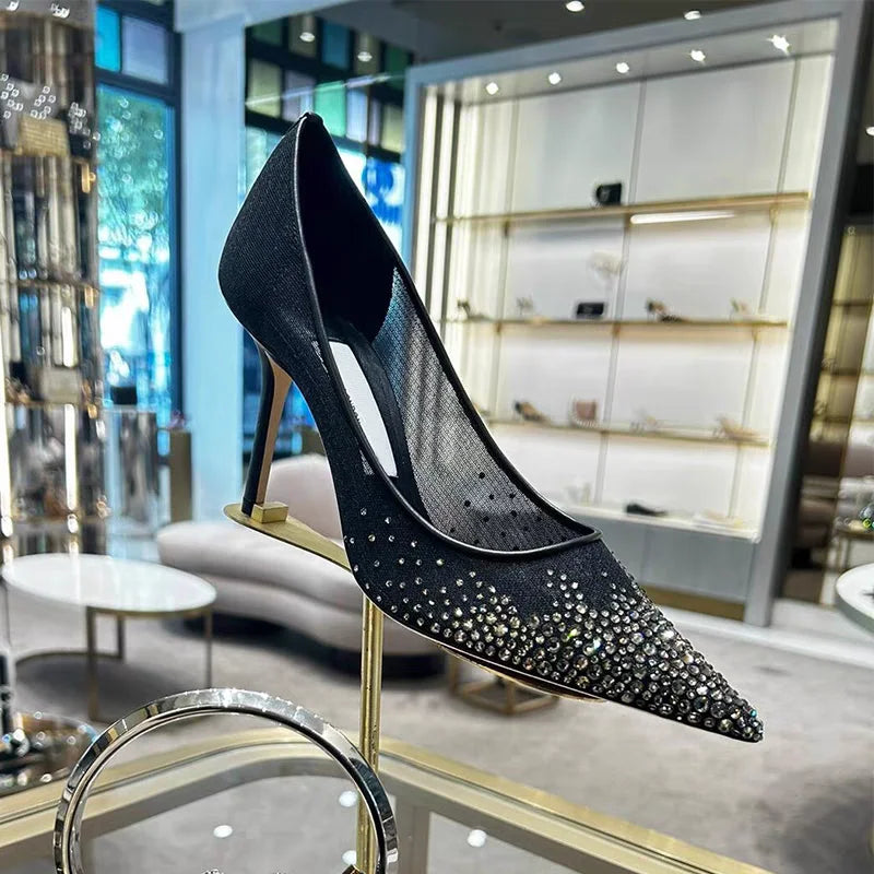 Mesh Pointed Shallow Mouth Sexy Pump Heels Stiletto Shoes Bridal Shoes