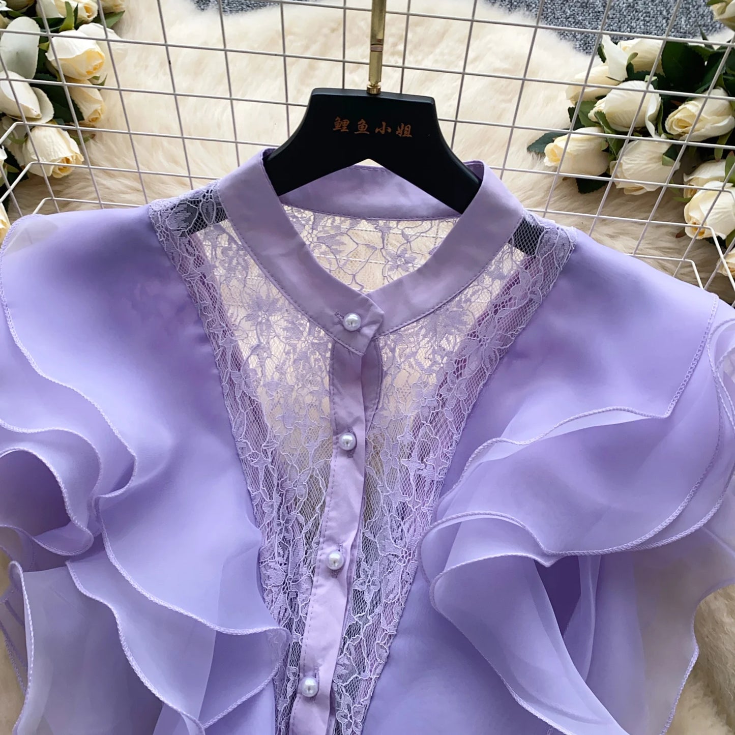 Ruffle Blouses Women French Style Single Breasted Lace Patchwork Shirt Summer Top