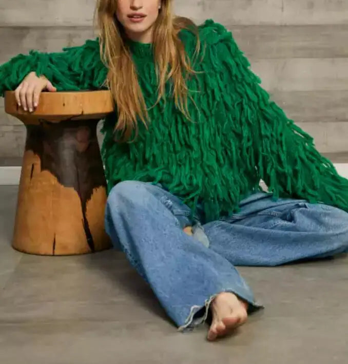 Tassels Design Solid Color Sweater Women Loose Knitted Pullover Jumper