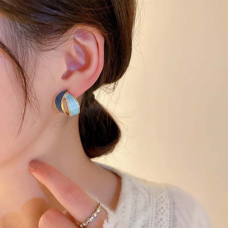 Double Arc Cross Enamel Stud Earring for Women Contrast Color Blue Geometric Earring