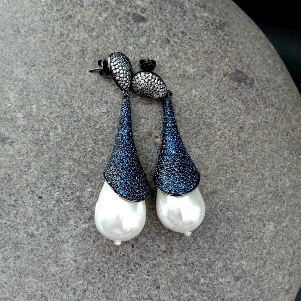 16x25MM White Sea Shell Pearl Colbalt CZ Pave Gunmetal Dangle Stud Earrings