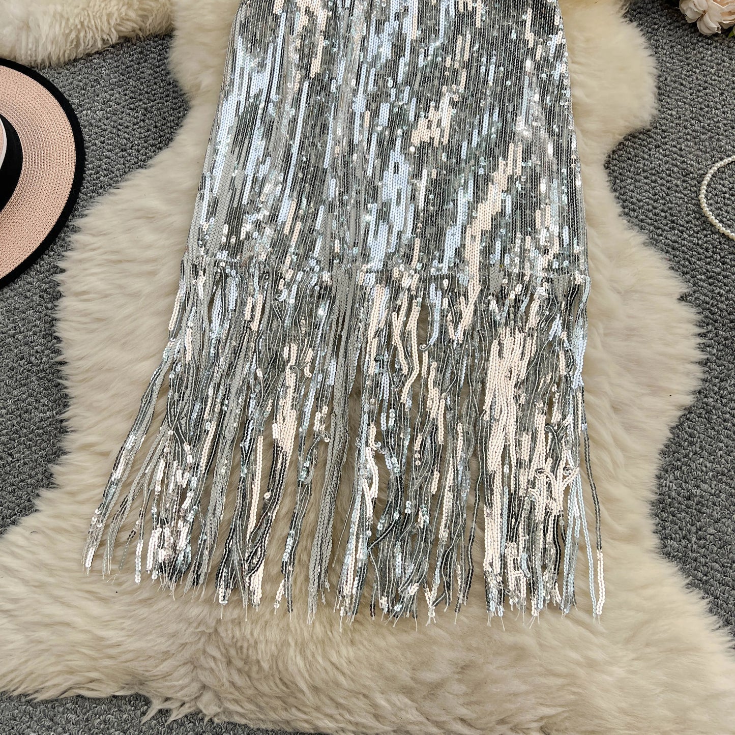 Women Chic Sequin tassel glitter Skirt High Waist Elegant Korean Fashion Skirt