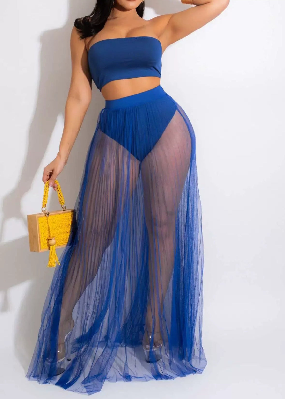 Women Mesh See Though Two Piece Set Sexy Beach Strapless Tops and Pleated Maxi Skirts Matching Set Summer Outfits