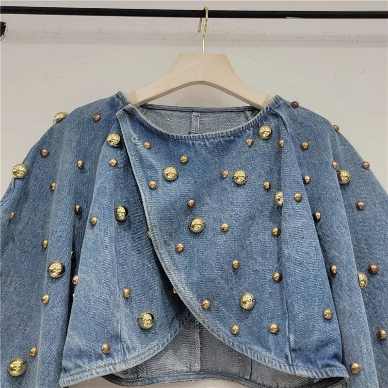 Women Rivets Long Lantern Sleeve Denim Coat Short Pearls Top Bomber Jacket Cowboy Jacket