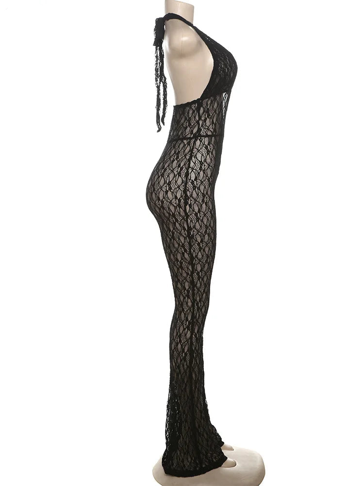 Sexy Mesh Halter Jumpsuit Women Backless Skinny Low-Neck Midnight Birthday Party Clubwear Activity Workout Overalls