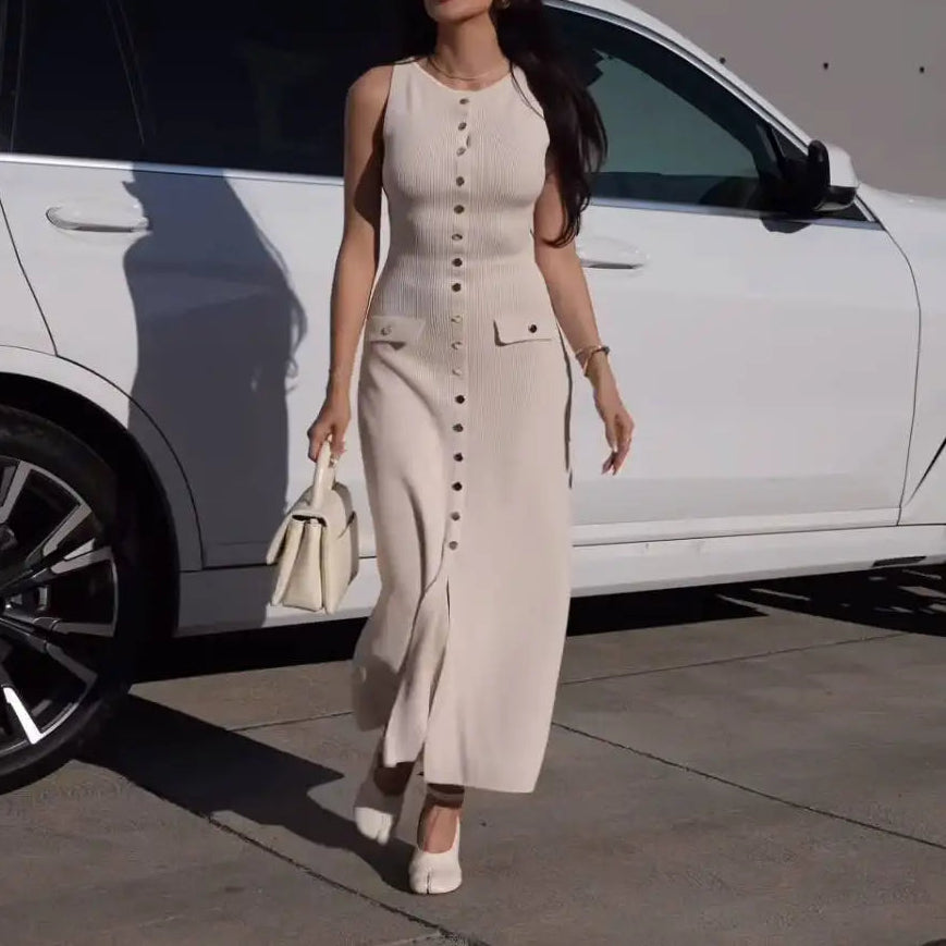 Elegant Knitted Long Dresses Women O Neck Sleeveless Single Breasted Bodycon Midi Dress