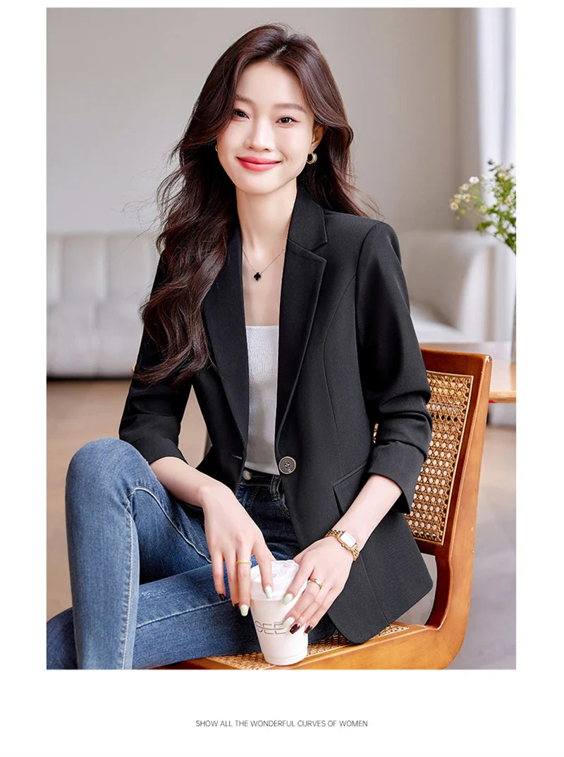Women Office Blazer Casual Single Button Long Sleeve Office Coat