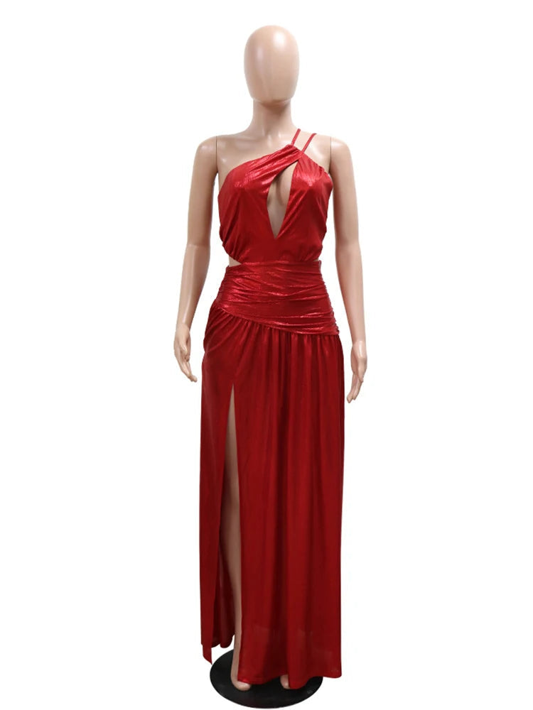 Cocktail Split Dress Women Sexy Metallic Golden Sleeveless Backless Evening Dress