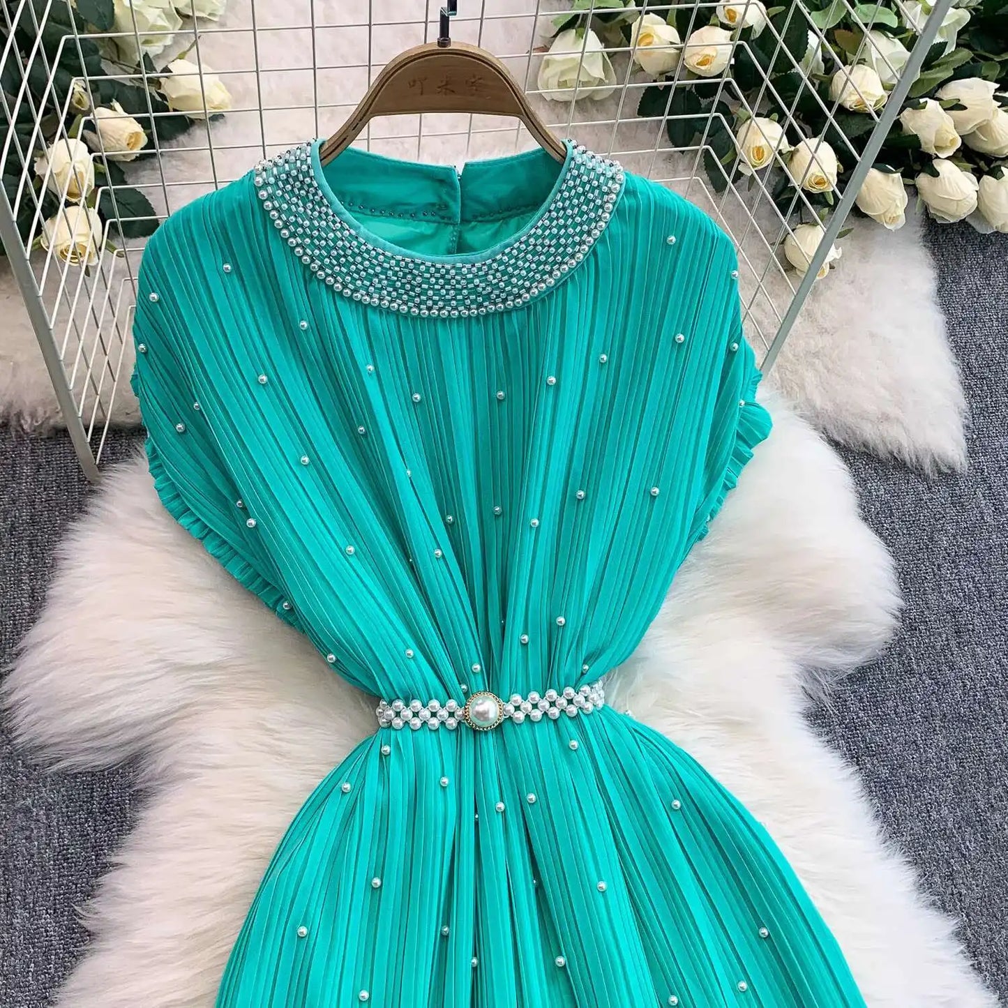 Summer Luxury Pearls Long Chiffon Dress For Women Loose Big Size Short Sleeve Crystal Birthday Evening Midi Pleated Dresses