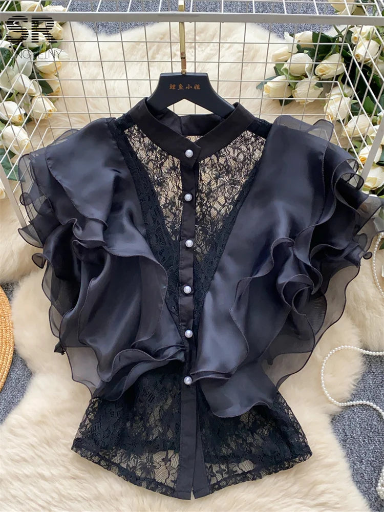 Ruffle Blouses Women French Style Single Breasted Lace Patchwork Shirt Summer Top