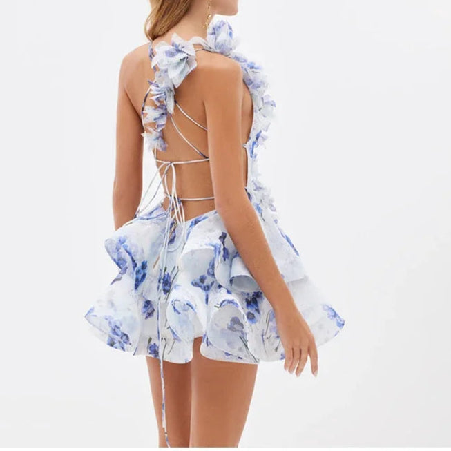 3D Flowers Lace Up Printed Layered Mini Dress Backless Deep V-Neck Mini Dress