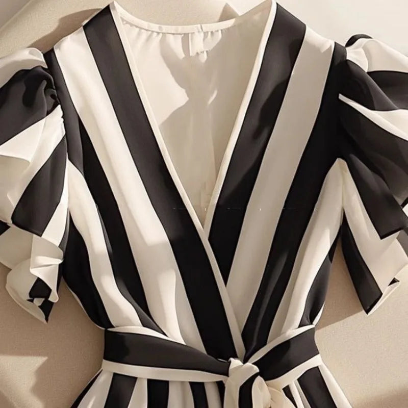 Summer Women's Tops Temperament Blouses for Women Ruffles Striped Vintage Blouse