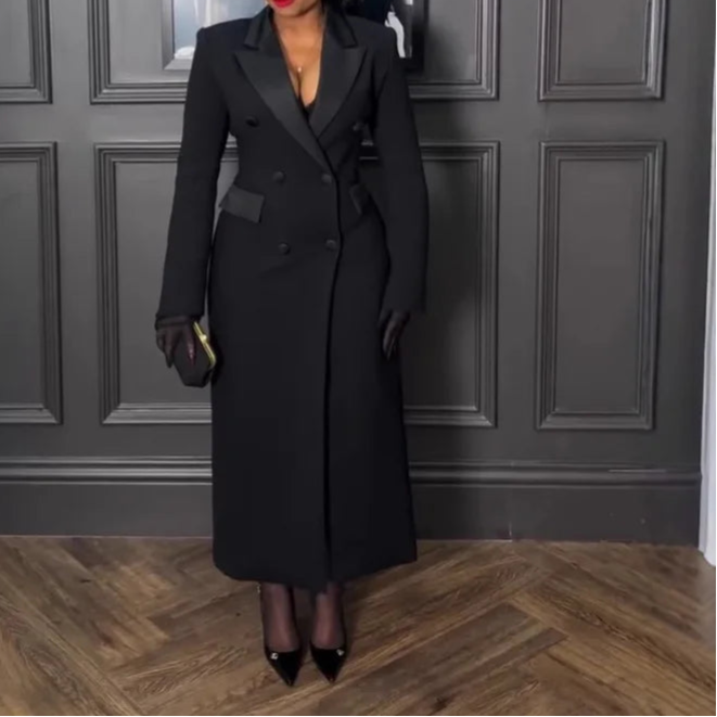 Women Blazer Dress Double Breasted Notched Long Sleeve Maxi Blazer Dress