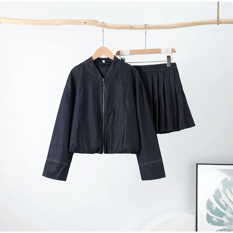 Denim Jacket Mini Skirt Women 2 Piece Set Stand Collar Zipper Long Sleeve Pocket Coat A-line Skirts