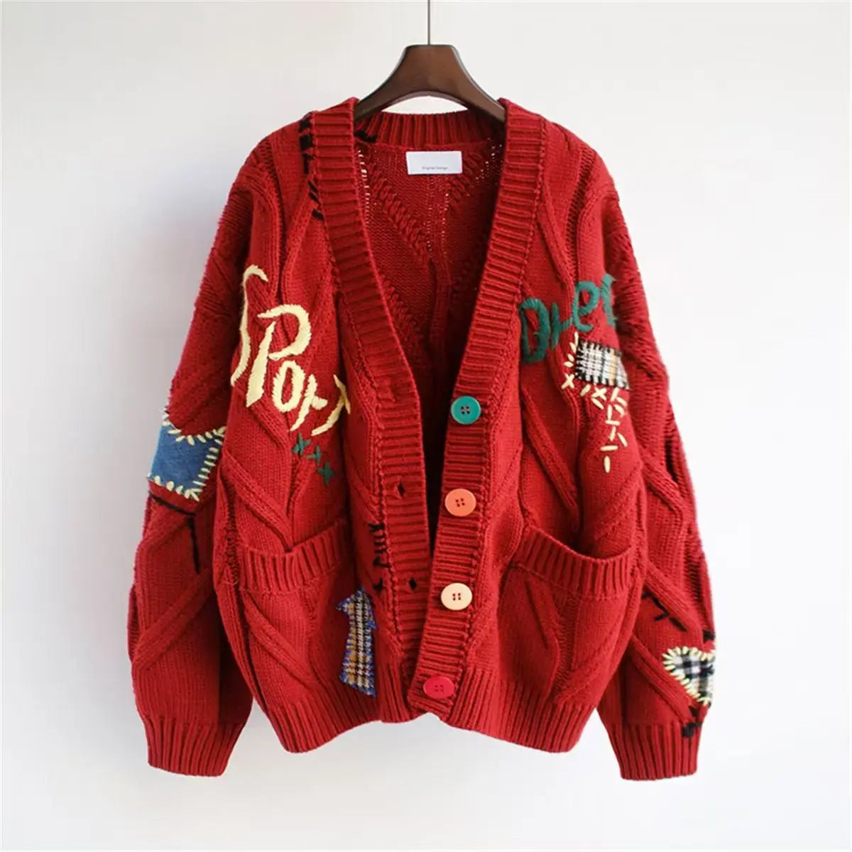 Embroidery Knitted Cardigan Women's Sweater Warm Long Sleeve V Neck Jumpers