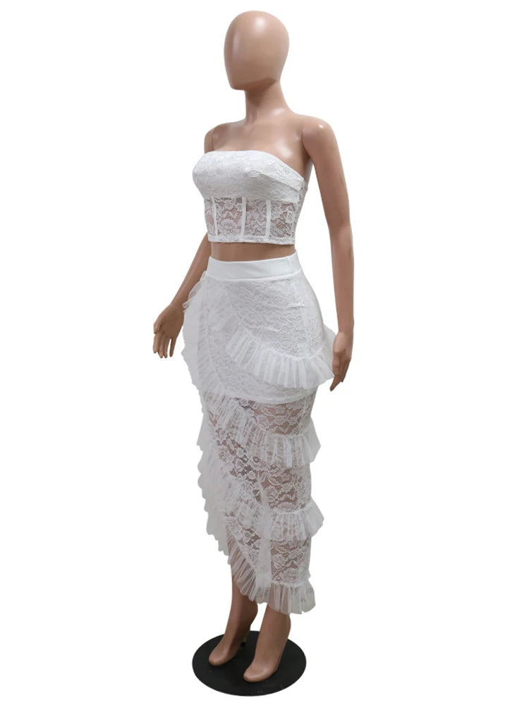 Two 2 Piece Sets for Women White Lace See Through Sleeveless Strapless Top and Ruffles Long Skirt Set