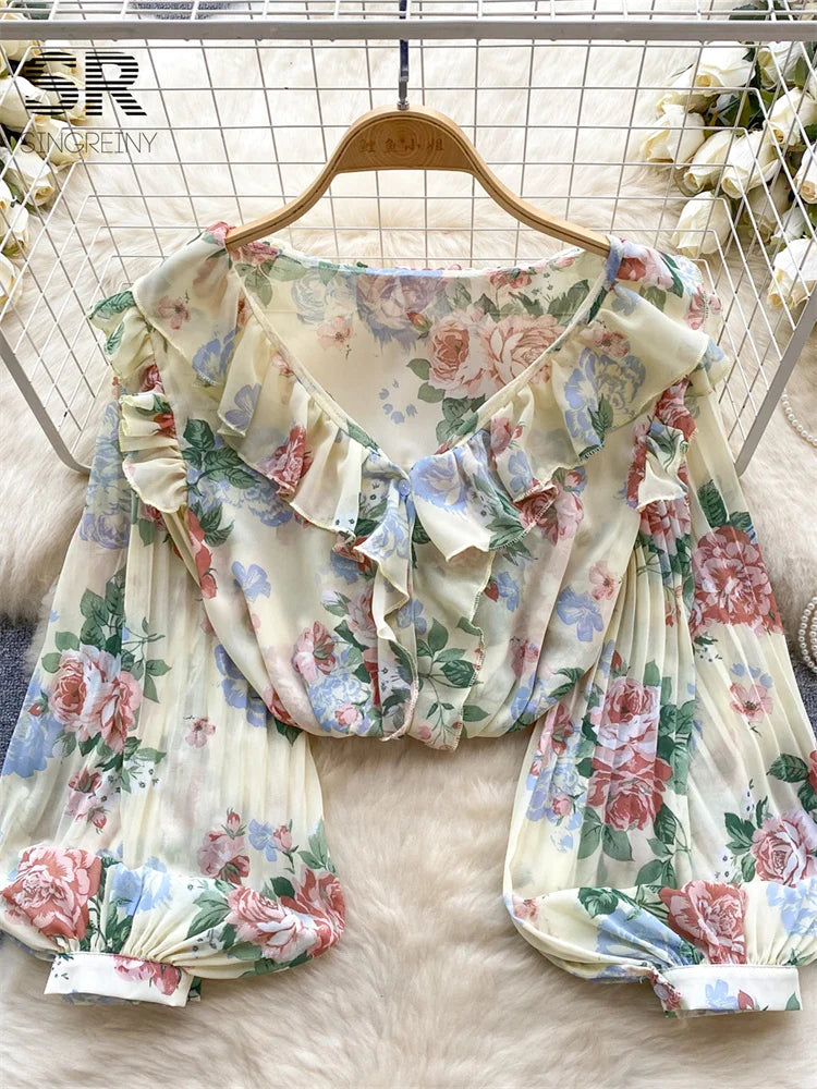 Floral Print Loose Shirt Women Lantern Sleeve V Neck Thin Causal Ruffle Blouse