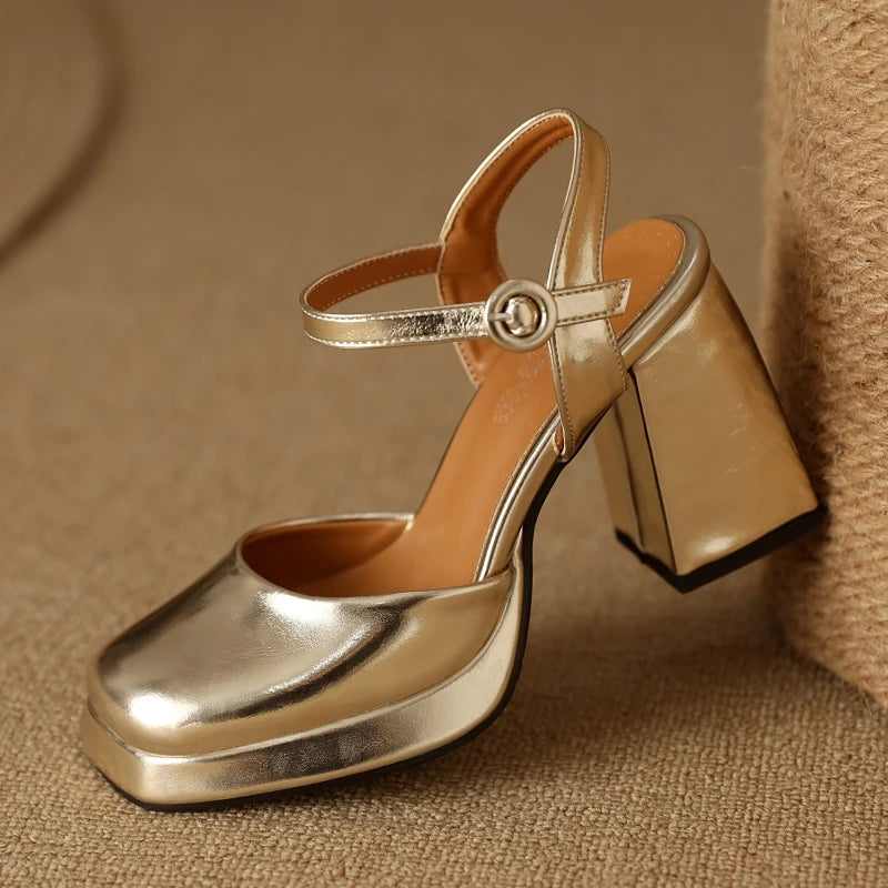 Luxury Women's Sandals Summer Shoes Ankle Strap Gold Silver High Heels Close Toe Party Shoes
