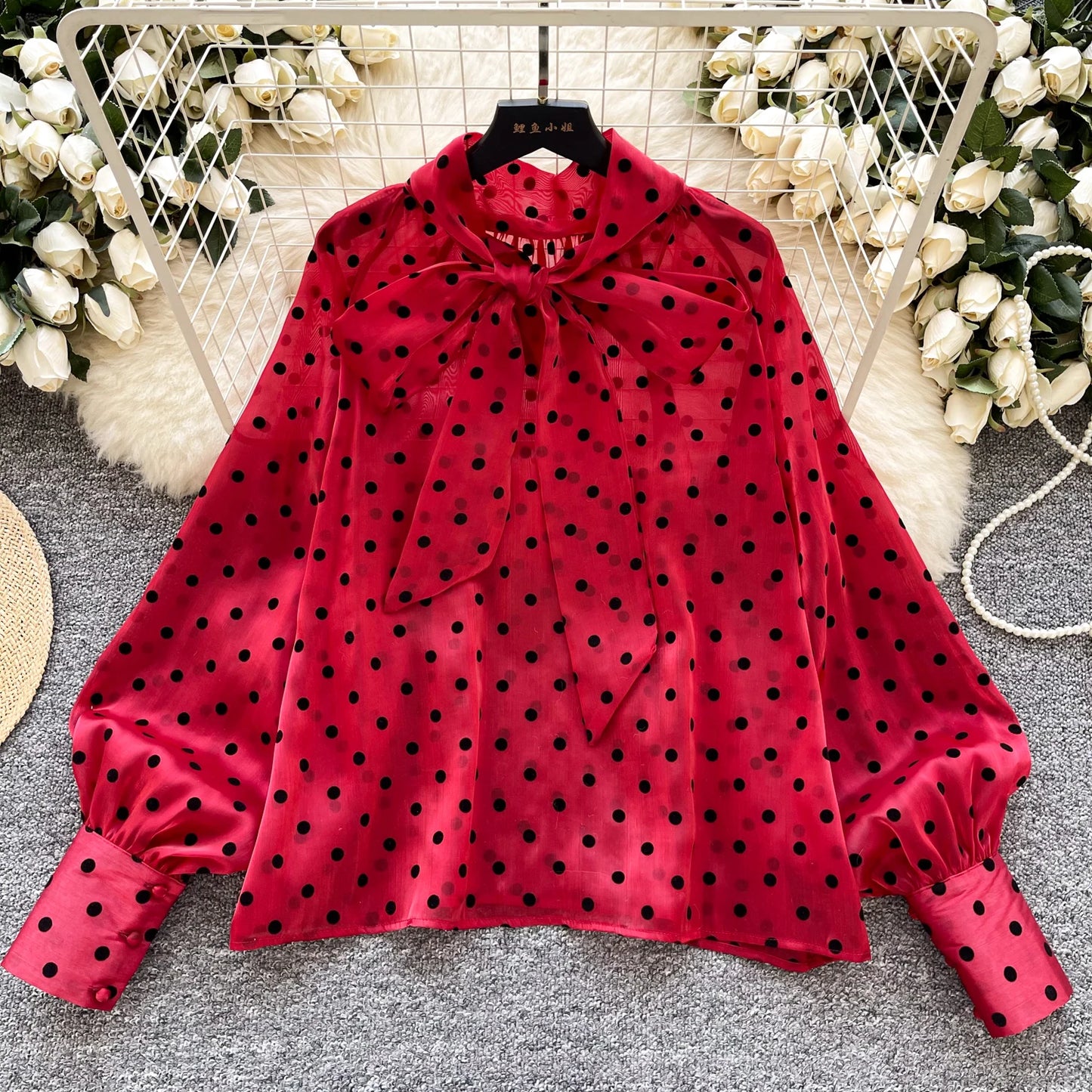 Vintage Polka Dot Tops Puff Sleeve Bow Lace Up Design Blouse