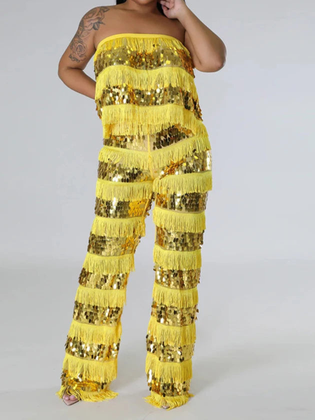 New Luxury Sequin Tassel Women Sleeveless Strapless Crop Tops and Wide Leg Pants Two 2 Piece Birthday Matching Sets