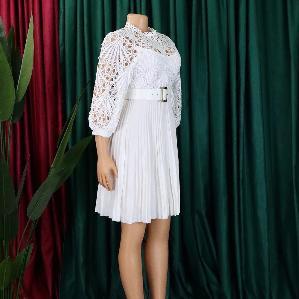 Elegant Dresses for Women O Neck Three Quarter Sleeve Belt Waisted Lace Patchwork Knee Length Luxury Female Birthday Party Dress