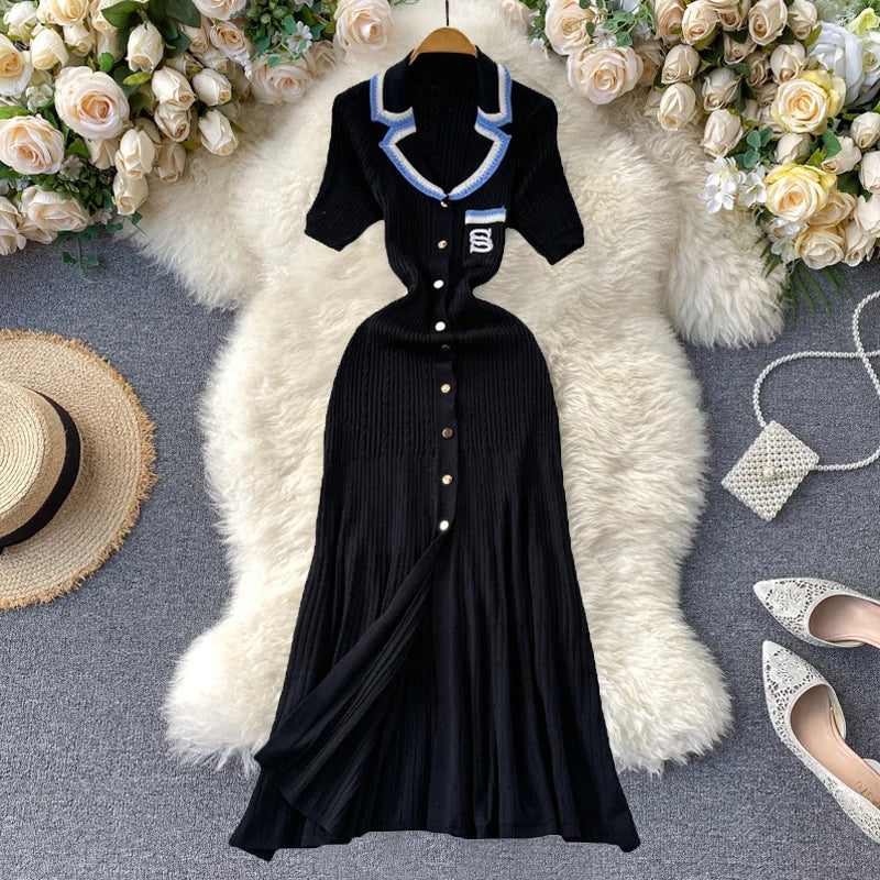 Women Contrast Color Midi Dress Elegant Pockets Short Sleeves Button Down Dress