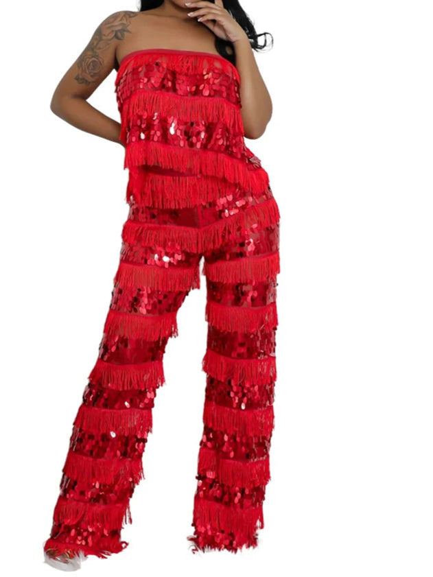 New Luxury Sequin Tassel Women Sleeveless Strapless Crop Tops and Wide Leg Pants Two 2 Piece Birthday Matching Sets