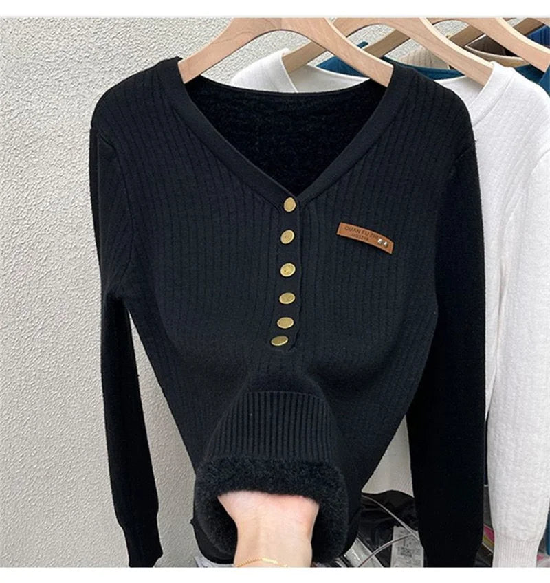 Thick Velvet V-neck Sweater Women Korean Fashion Lined Warm Knitted Pullover
