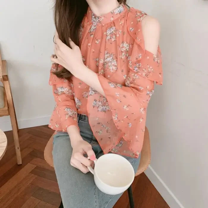 Floral Chiffon Shirts & Blouses For Women Off Shoulder Woman Top