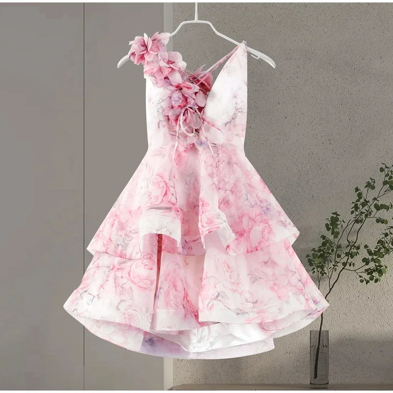 3D Flowers Lace Up Printed Layered Mini Dress Backless Deep V-Neck Mini Dress