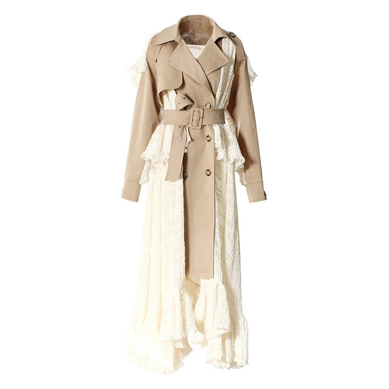 Lace Patchwork Trench Coat Women's Lapel Loose Double Breasted Windbreaker