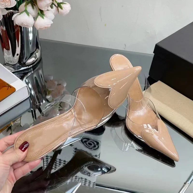 Transparent PVC Mixed-color Women Pumps Elegant Pointed toe Thin High heels Slingbacks Mules Party Prom Shoes