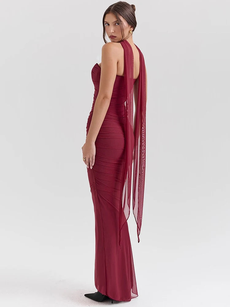 Wine Red Sexy Two Piece Sets Women Neckerchief Strapless Crop Tops And Maxi Skirt Sets