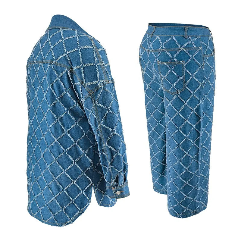 Plus Size Denim Two Piece Sets Women Long Sleeve Tops and Pants Matching Suits