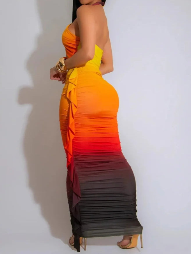Tropical Goddess Halter Neck Crop Top And Maxi Skirt Set Resort Two-Piece Set