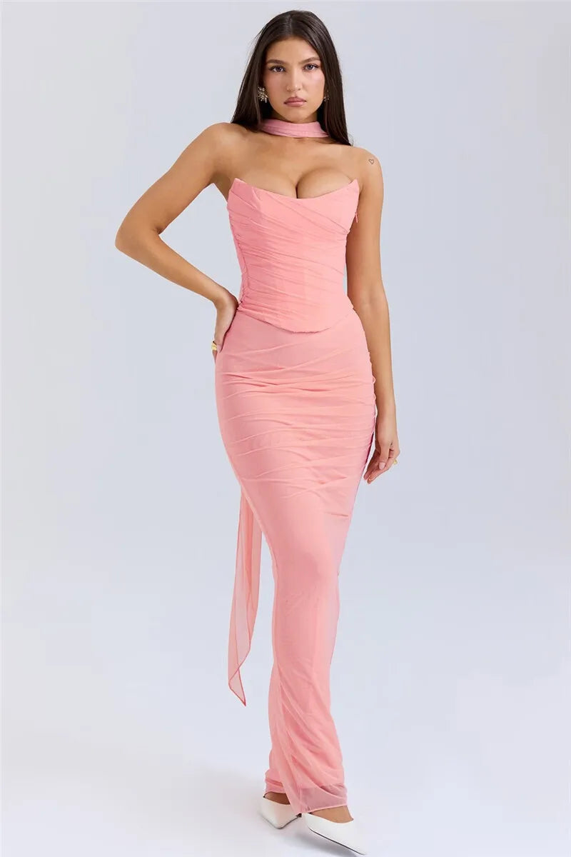 Wine Red Sexy Two Piece Sets Women Neckerchief Strapless Crop Tops And Maxi Skirt Sets