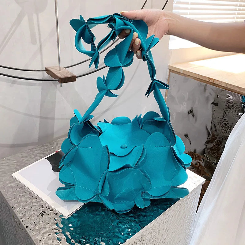 3D Flower PU Leather Armpit Purse Shoulder Bags Women Solid Color Fabric Crossbody Bag