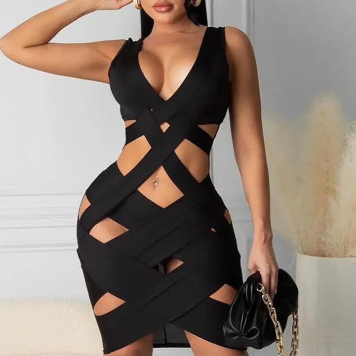 Sleeveless Tight Dress Hollow Out Sheath Mini Y2K Black Sexy Bodycon Dress Club Dress