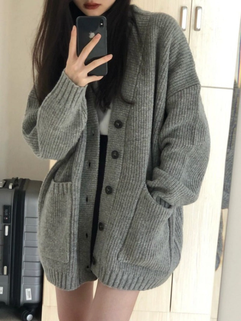 Women Cardigan Long Sleeve V-neck Loose Knitted Sweater Cardigan