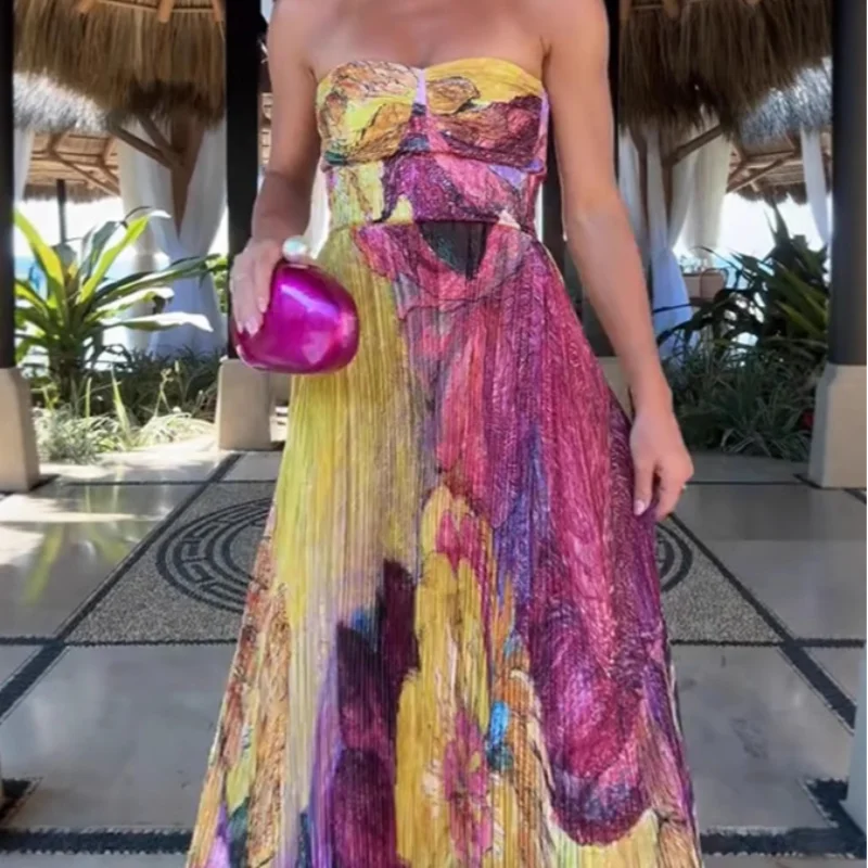Women Strapless Sleeveless Backless Slim Sling Pleated Dress Party Maxi Dress