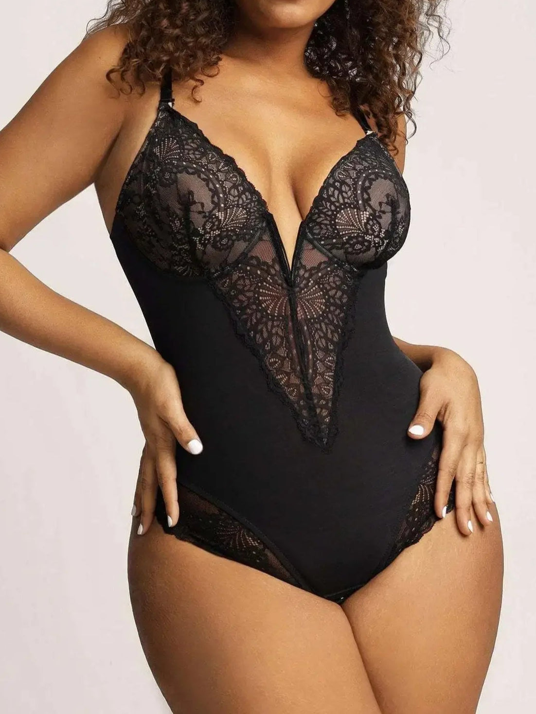 Sexy Deep V-Neck Lace Slimming Body Shaper Plus Size Tummy Control Push Up Bodysuit