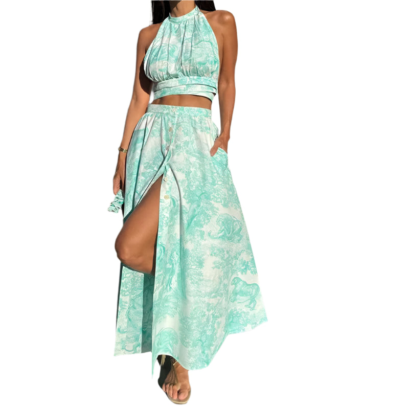 Sleeveless Halter Blouse Tops & Button Slit Skirts Set Pattern Print Party women Sets