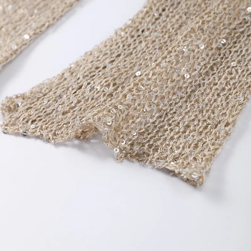 Sequins Hollow Out Pullovers Women Loose O-neck Long Sleeve Knit Sweaters