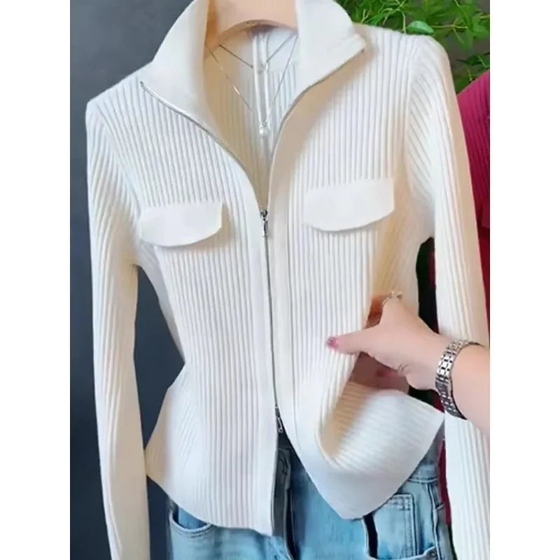 Women Knitted Sweater Cardigan Short Jacket Turn-Down Collar Knit Top