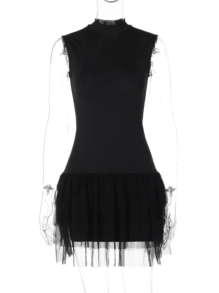 Black Mini Dress Sleeveless Mesh Patchwork Mini Evening Prom Dress Bodycon