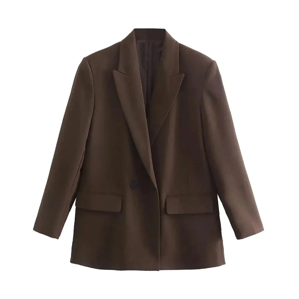 Women Double Breasted Loose Fitting Blazer Coat Vintage Long Sleeve Pockets Female Outerwear Blazer