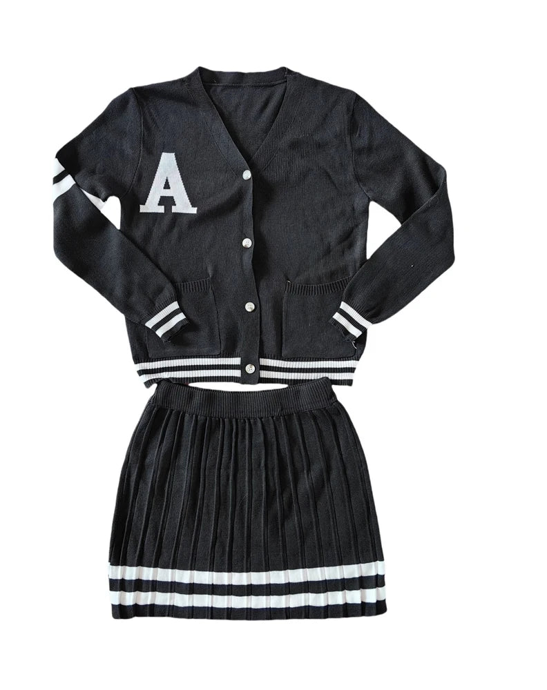 Knit Pleated Sweater Skirts 2 Two Piece Set Letter Button Cardigan With Matching Mini Skirt Sets