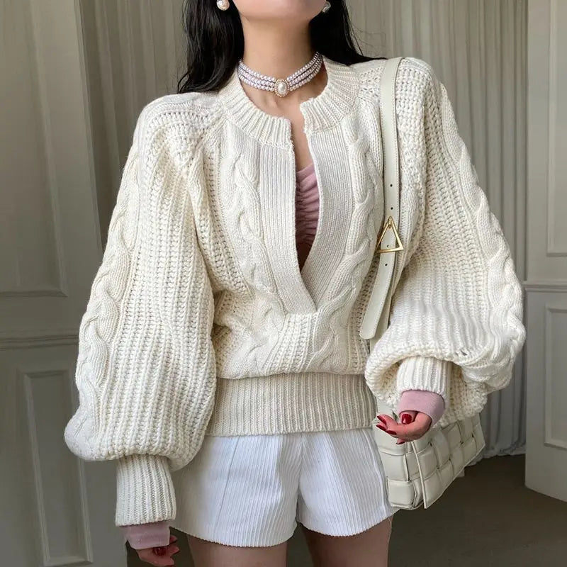 Chic Fried Dough Twists Pattern Pullover Loose Lantern Sleeve Knit Sweater