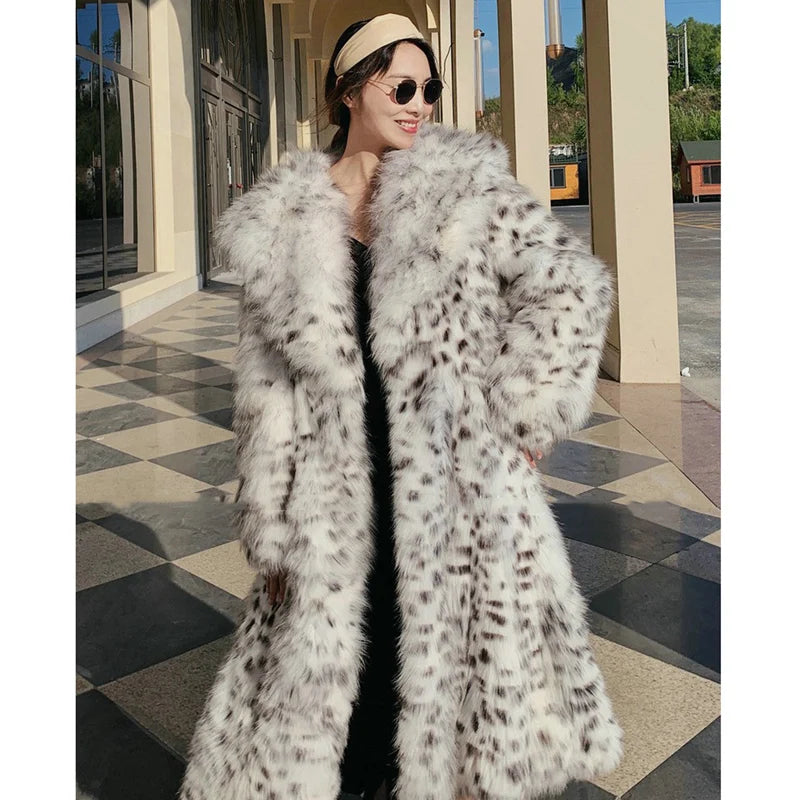 faux fur young leopard-print fur coat long knee-length mink coat